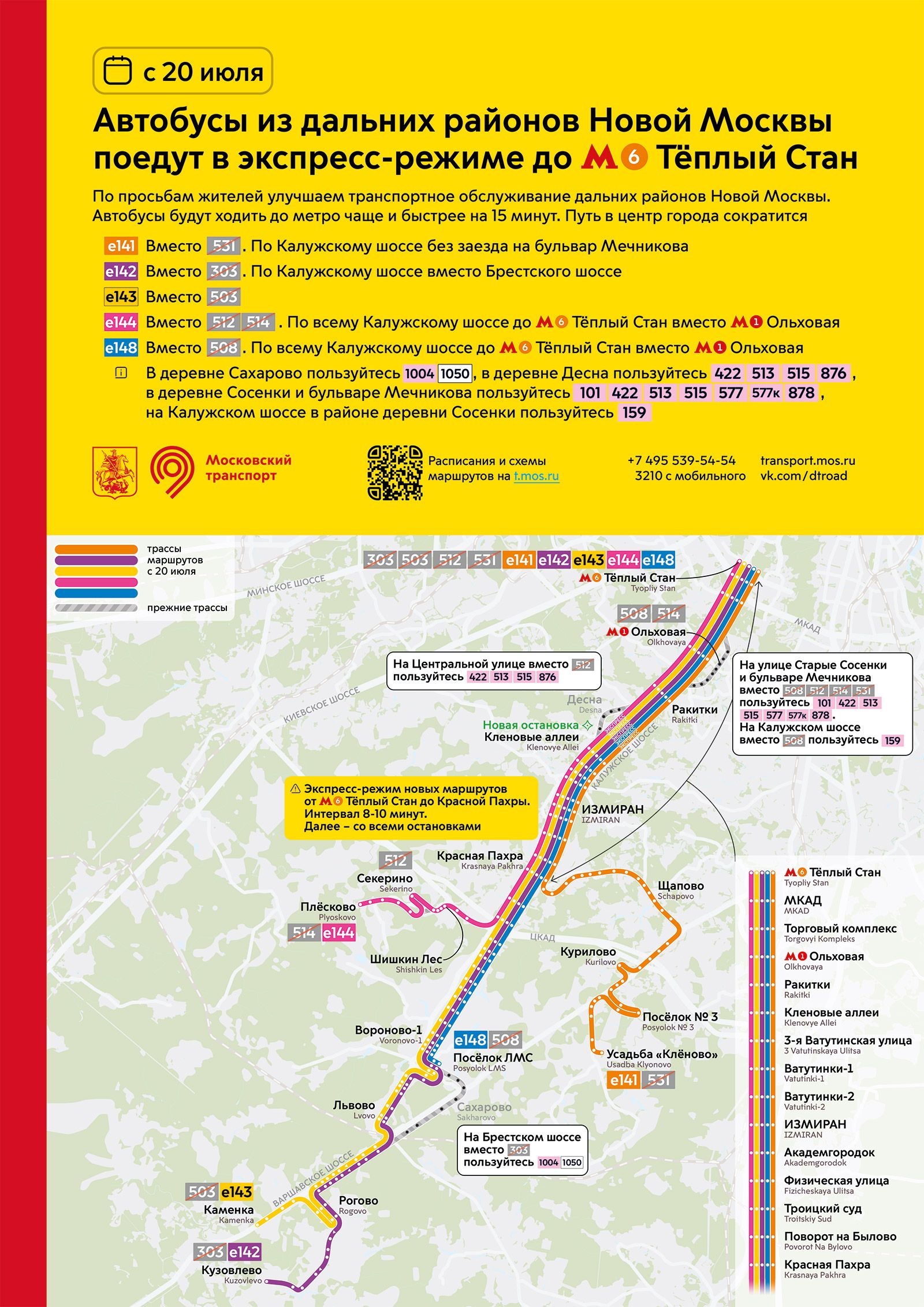 Схема экспресс автобусов до Теплого стана из Троицка, Красной Пахры, Плесково, Секерино, Каменки и поселка ЛМС. Маршрут автобусов e141, е142, е143, е144, е148