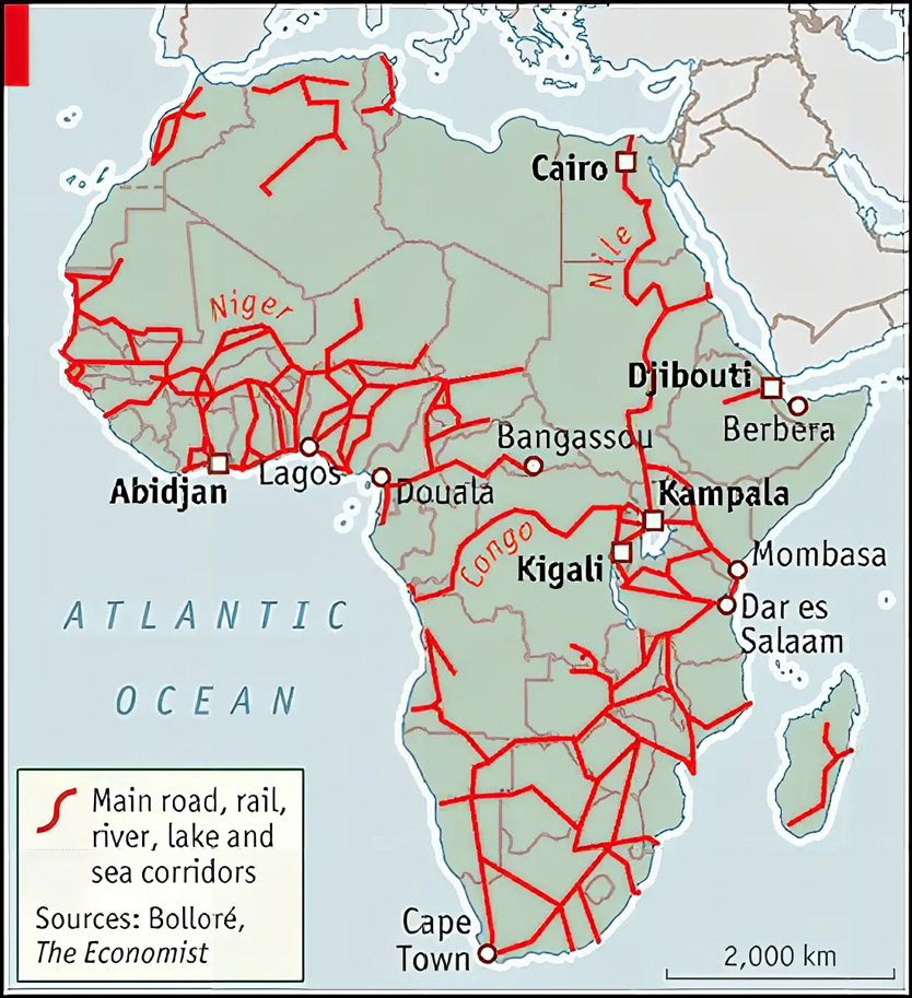 Карта основных маршрутов в Африке - дороги, железные дороги, речные и морские корридоры