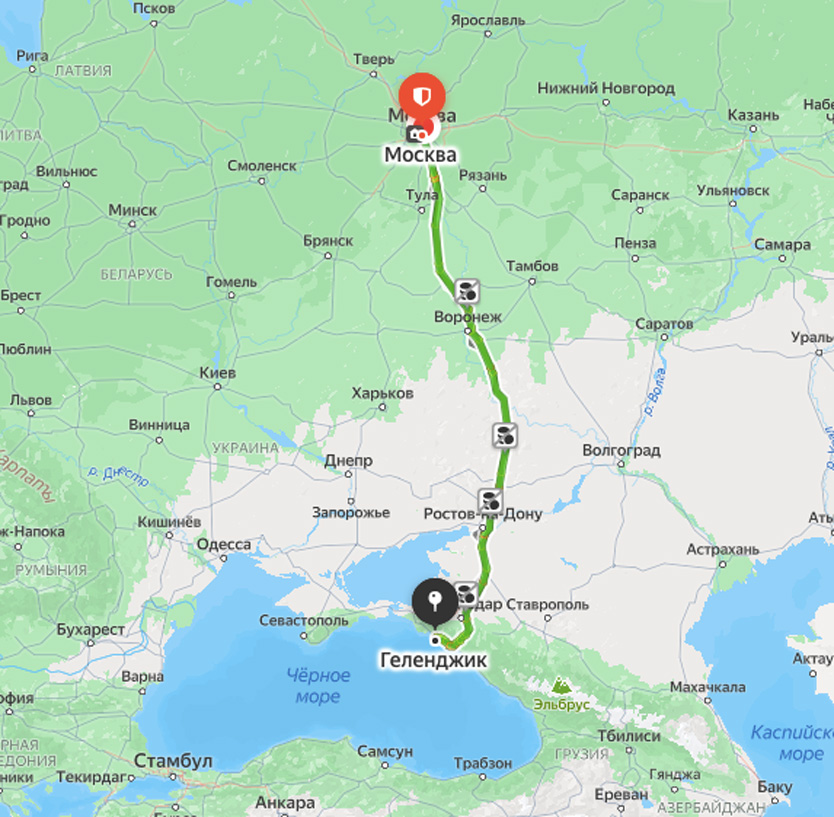 Маршрут из Москвы в Геленджик на карте
