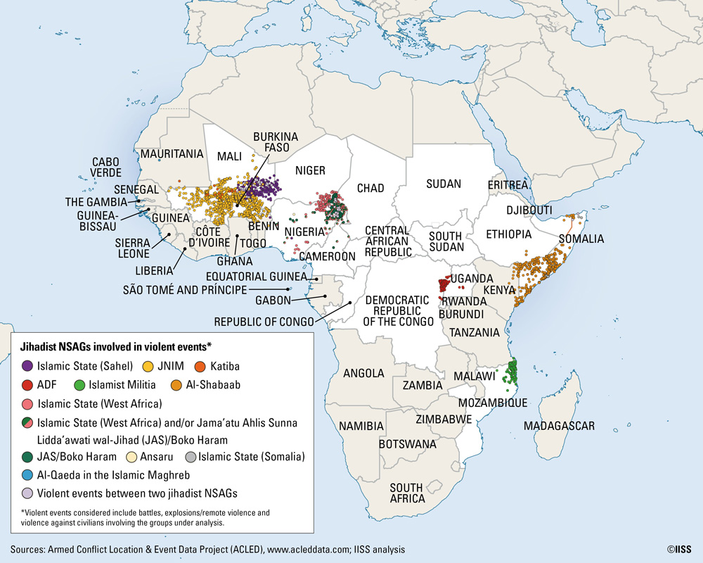 Карта с отмеченными на ней регионами активности боевиков в Африке