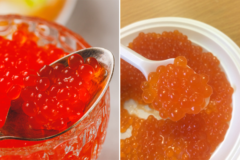 Натуральная (слева) и имитированная (справа) красная икра